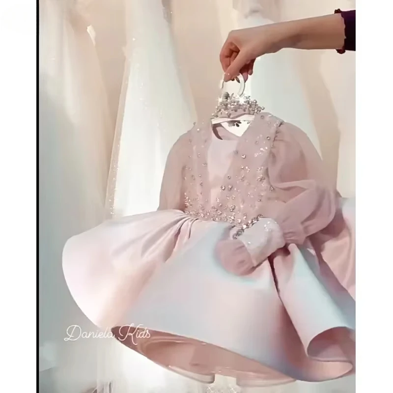 2025 Baby Girl Birthday Fluffy DressFlower Wedding Toddler Vestido Costume Kids Long Sleeved Clothes Infant Sequin Baptism Gown