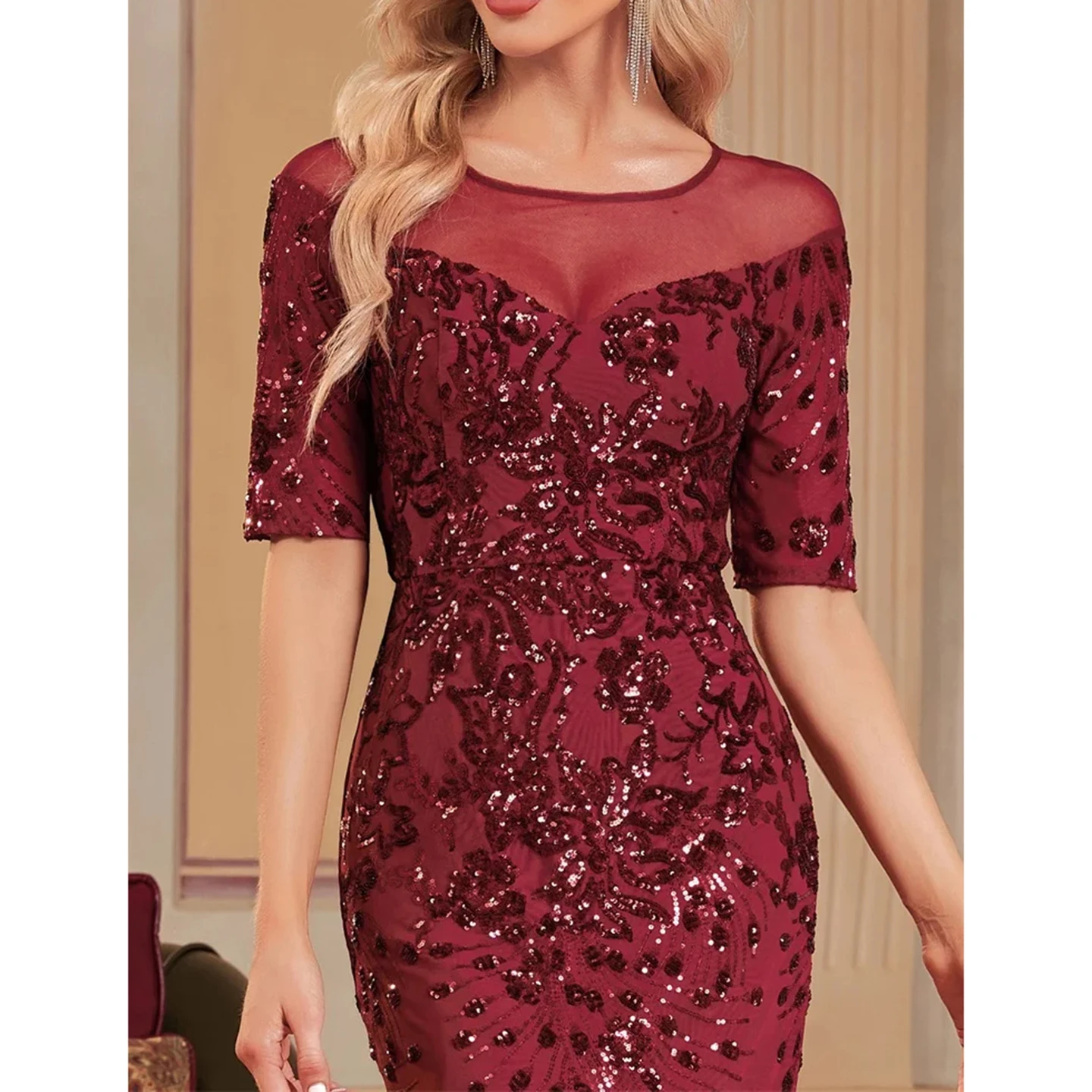 ثوب مسائي نسائي باللون الأحمر الخمري مع خط عنق قارب الوهم ثلاثة أرباع أكمام شبكية شفافة فستان أم العروس للحفلات الراقصة