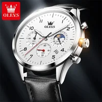 OLEVS marca moda fase lunar reloj de cuarzo para hombres cuero impermeable calendario luminoso 24 horas relojes multifunción para hombres