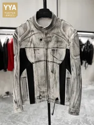 Luxury Vintage Men Stand Collar Motorcycle Cowhide Genuine Leather Jacket Spliced Real Leather Coat Luxury Punk Style Outerwear