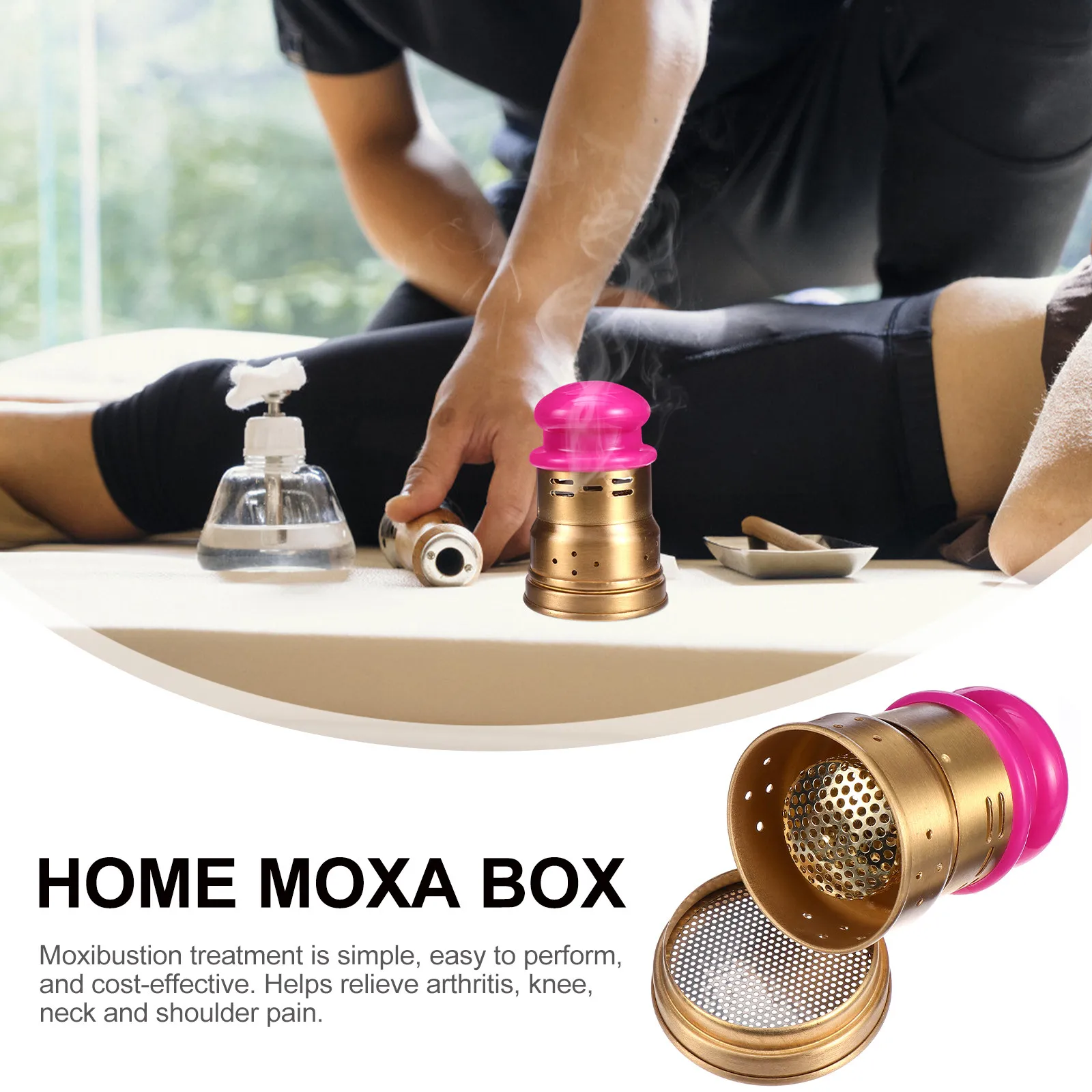 

Набор: мини-медная коробка для моксотерапии с регулировкой температуры для портативной тепловой терапии, облегчения боли, держатель для мокса-конусов, для домашнего использования на теле