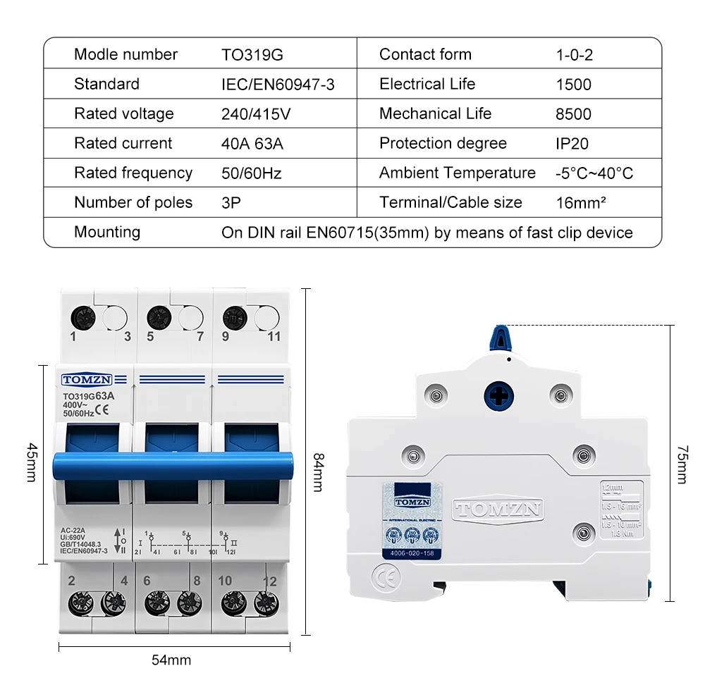 1P 2P 3P 4P 63A TOMZN MTS Dual Power Manueller Übertragungs-Trennschalter Interlock-Leistungsschalter – Detail 16
