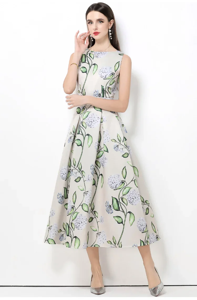 Moda senza maniche O-Collo Abiti per le donne Vita alta Stampa Slim Abito da donna A-LINE Abito da donna Abiti De Verano Mujer Q1963