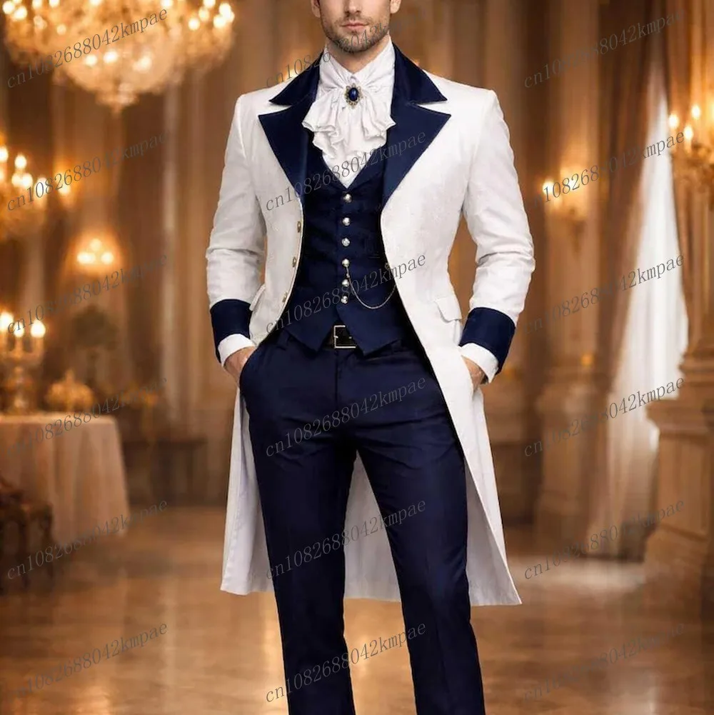 

New Long White Blazer Navy Blue Formal Men Suit Wedding Party Groom Prom Business Male Tuxedos 3 Piece Set Jacket Vest Pants