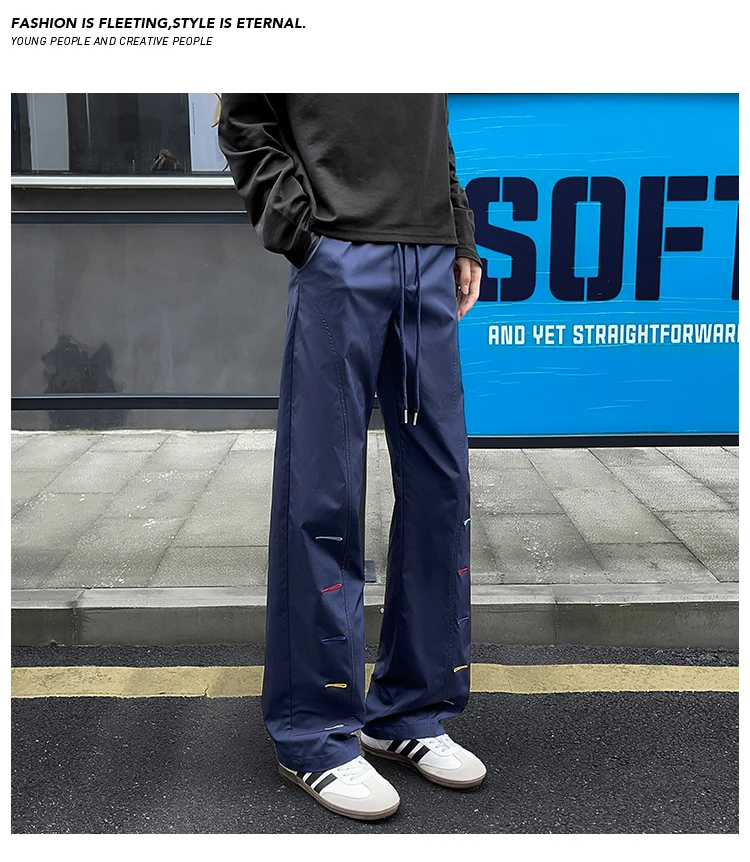 Bunte Herrenhose mit Ziernähten, weitem Bein, elastischem Bund, Kordelzug, lockerer, gerader Schnitt, lässige Streetwear-Sport-Hose – Detail 25