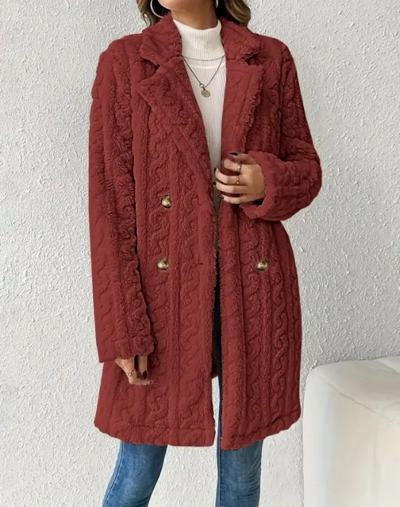 Casual Winter Jacket Woman 2024 Solid Color Collar Wired Texture Double Breasted Wool Long Sleeve Coat Coral Velvet Long Coats