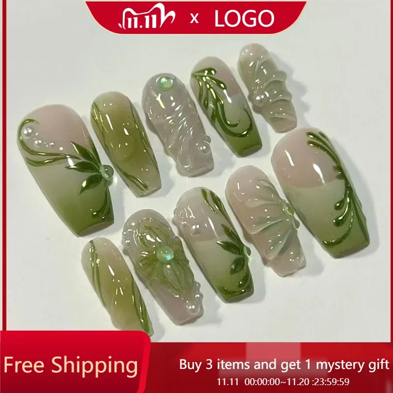 

24Pcs Press-On Nail Set Green & Black Shell & Pearl Design 3D Dot & Vine Pattern Glossy Finish False Nails for Women and Girls