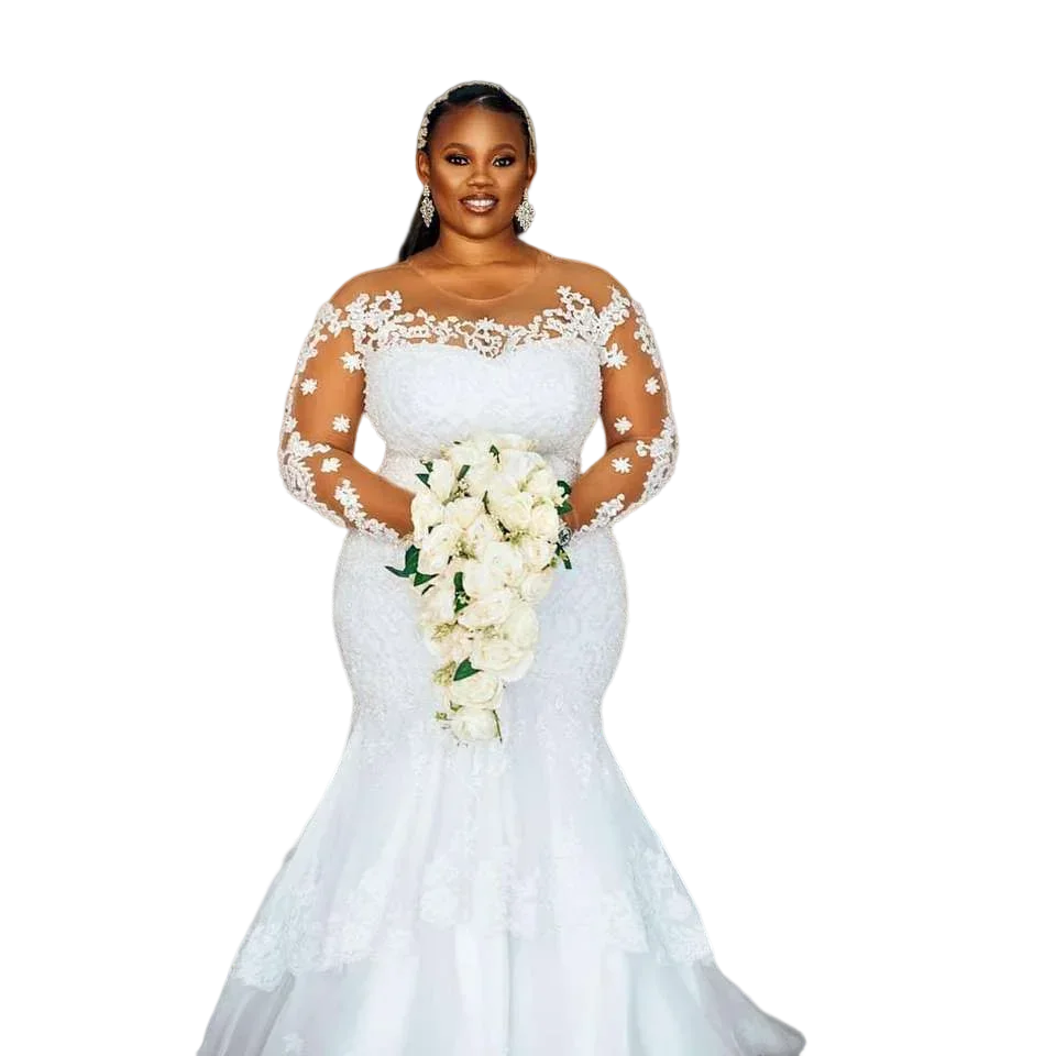 Customized Sheer Jewel Neck Plus Size Mermaid Beaded Crystal 2025 Wedding Dress African Lace Appliqued Long Sleeve Bridal Gown