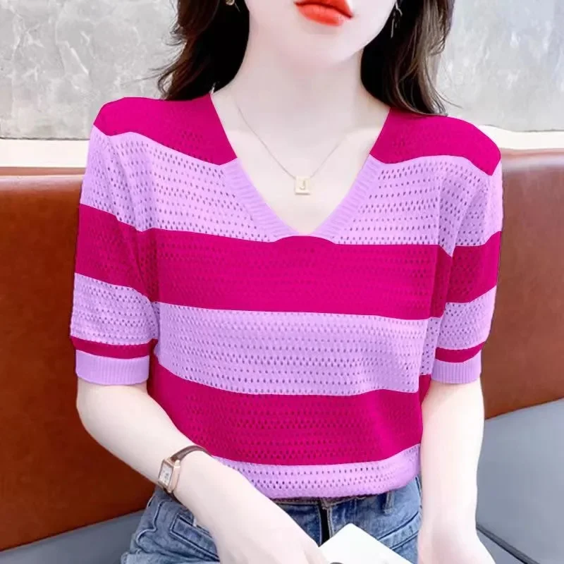 

Korean Lady V Neck Thin Knitting Tops Female Half Sleeve Contrast Color Sweater Spring Summer Women Hollow Out Pullover Knitted