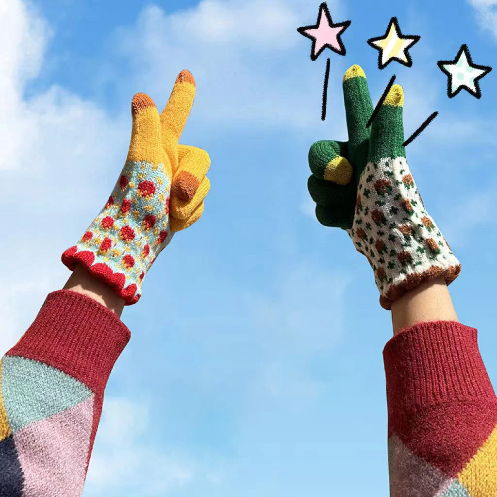 

1 Pairs Women's Gloves Korean New Flower Kawaii Sweet Cute Versatile Knitted Mittens Thickened Velvet Warm Soft Gloves For Girl
