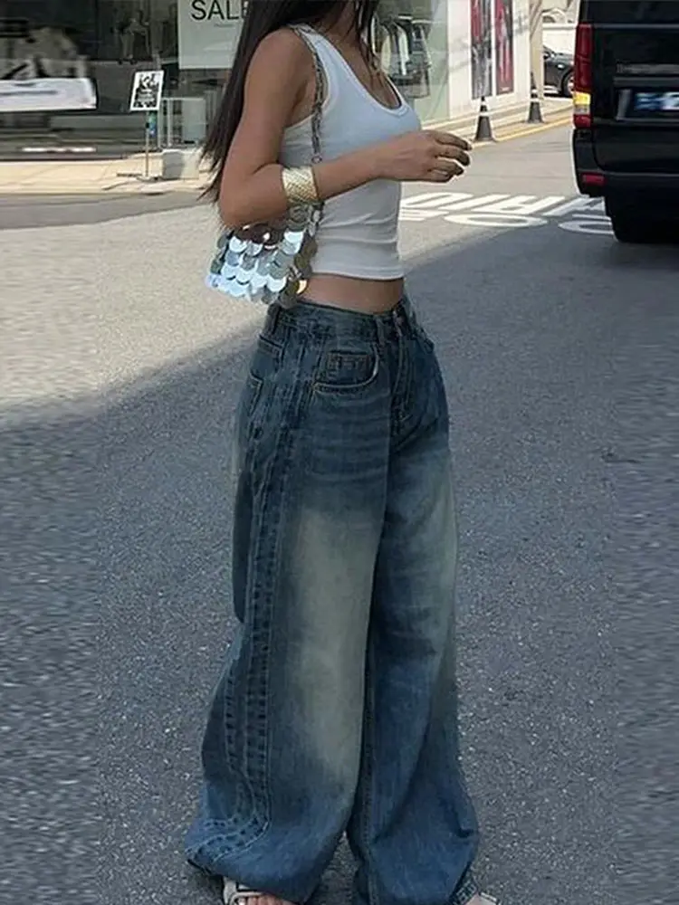 Pantalon en jean Baggy surdimensionné pour femme Y2K Harajuku Hip-hop Vintage Pop gothique taille haute pantalon à jambes larges pantalon Streetwear