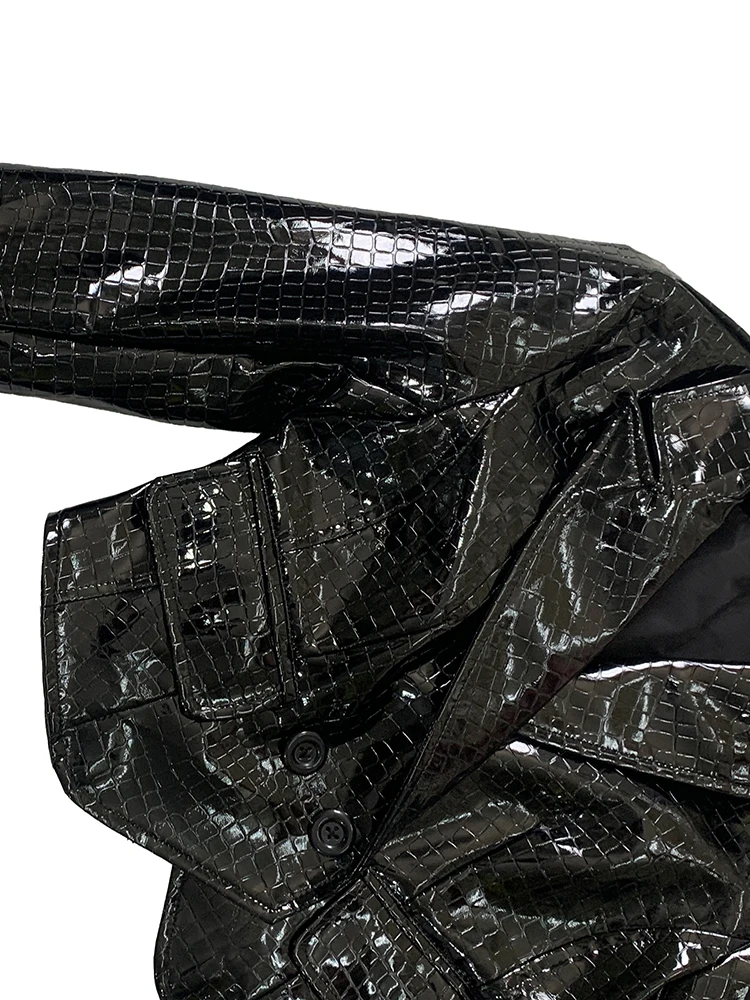 Nerazzurri Primavera Autunno Breve Lucido Riflettente Nero Coccodrillo Stampa Pu Giacca in Pelle da Donna Elegante Chic Vestiti 2025