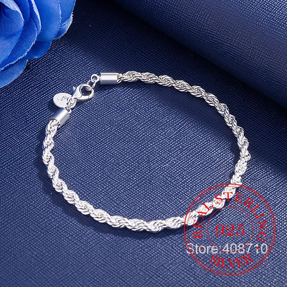 Hot Charms 4MM Twisted Rope Chain 925 Sterling Silver Bracelets for Man Woman Fashion Jewelry Wedding Party Holiday Gift