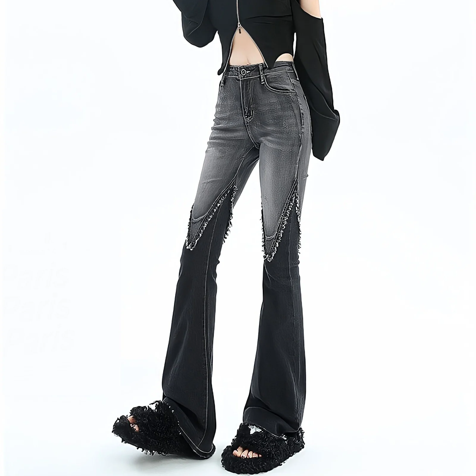 Streetwear Y2k Jeans Women 90s Vintage Grunge Punk Korean Fashion High Waist Brushed Denim Trousers Black Wide Leg Flared Pants