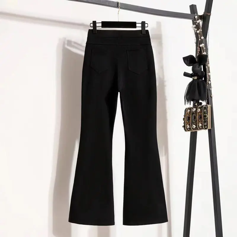 

Spring Summer Solid Color Fashion Elastic Waist Bell-bottoms Women High Street Casual Pure Cotton All-match High Waist Trousers