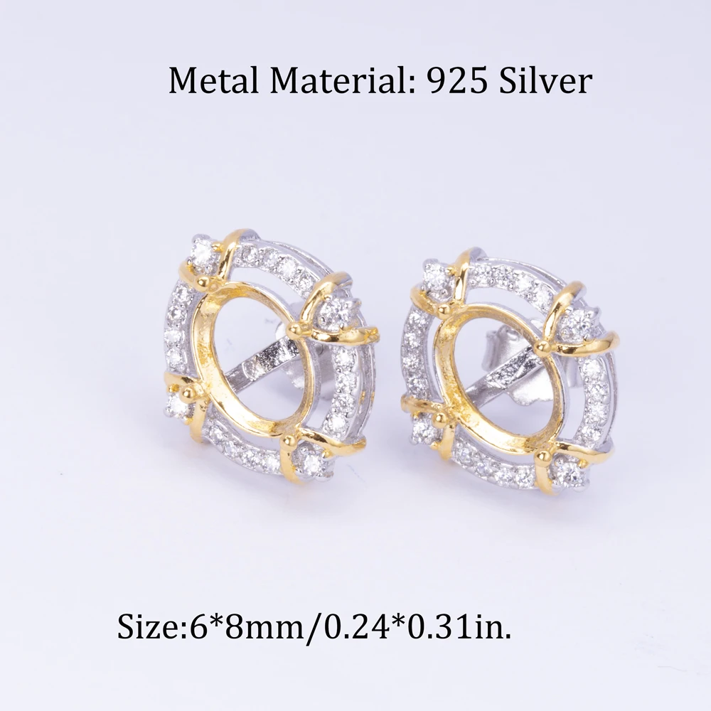 Dual-tone Plated Ring, Earrings, and Pendant Setting Kit 6*8mm, S925 Sterling Silver Material, Suitable for DIY  Jewelry