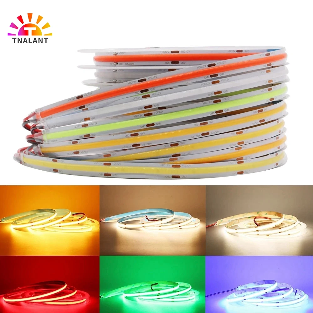 COB LED Strip Light High Density Flexible FOB COB 480/528LEDs/m Lights Tape Blue/ Green/Red Linear Dimmable DC12V/24V 1-5M