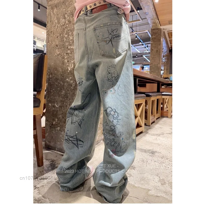 Women's Diamond Printed Straight Tube Denim Pants, Wide Leg Jeans, Loose Floor Dragging, Sanrio, Hello Kitty, Hot Streetwear