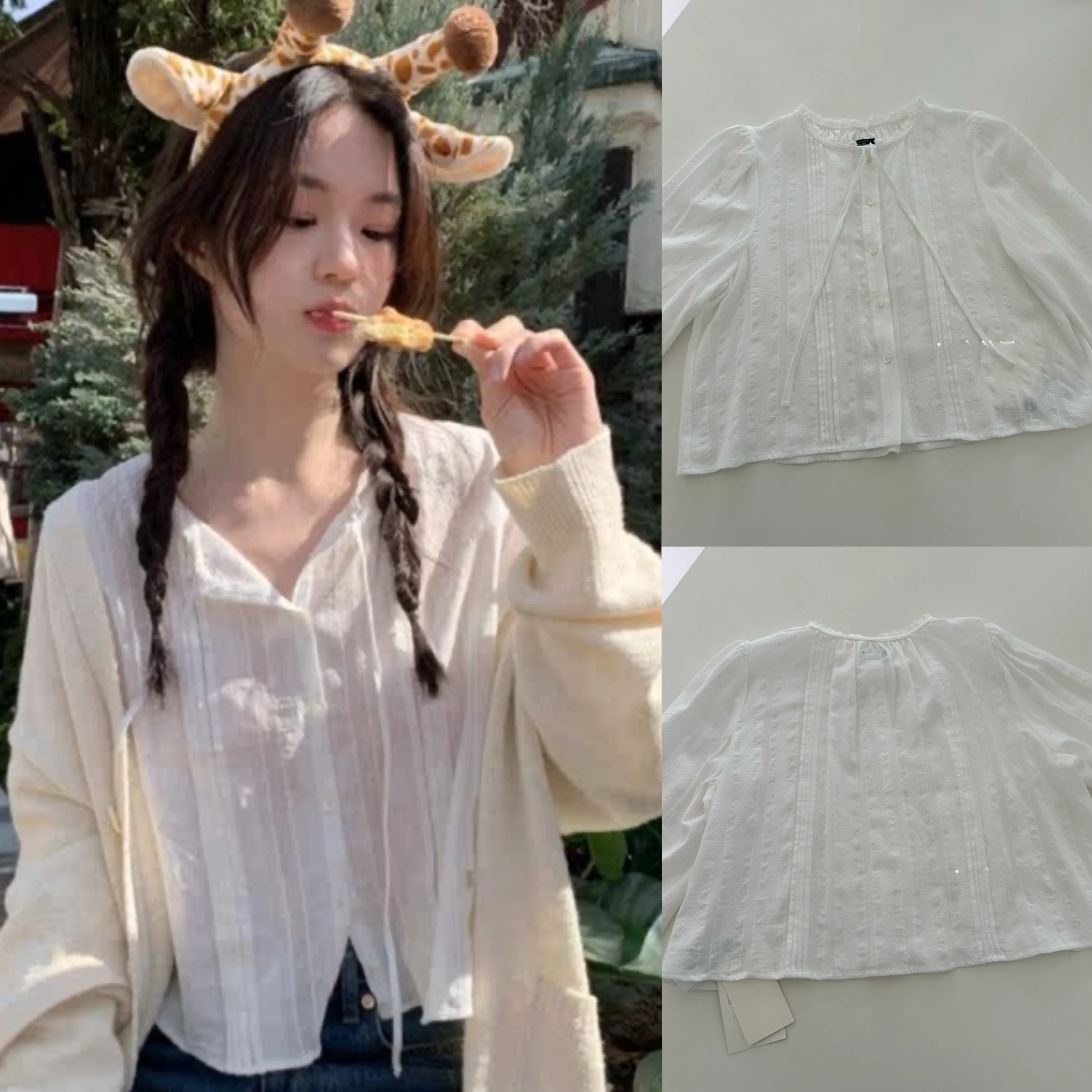 

Korean Style Sweet Lace Trim Shirt Bow Tie Top Loose Fit Pure Cotton Long Sleeve round Neck Female Summer Breathable Thin