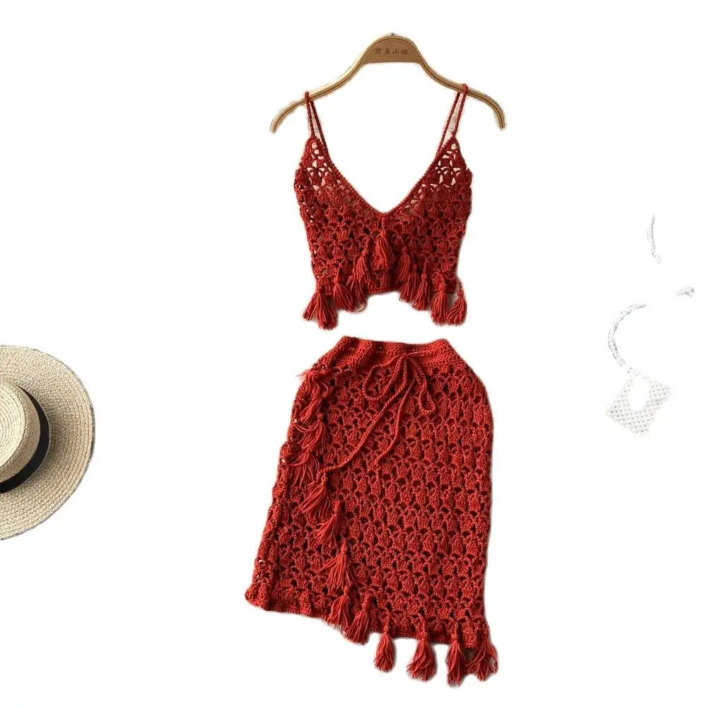 

Tassel Backless Beach Two Pieces Suits Knit Camisole+Elastic Mini Skirt Sets Bohemian Vintage Knitted Sets