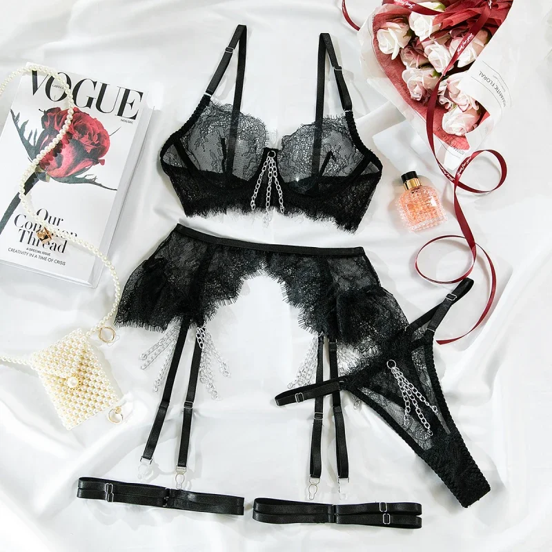 Bikini Metal Chain Sexy Lingerie Lace Hollow Bra Thong Four-Piece Set