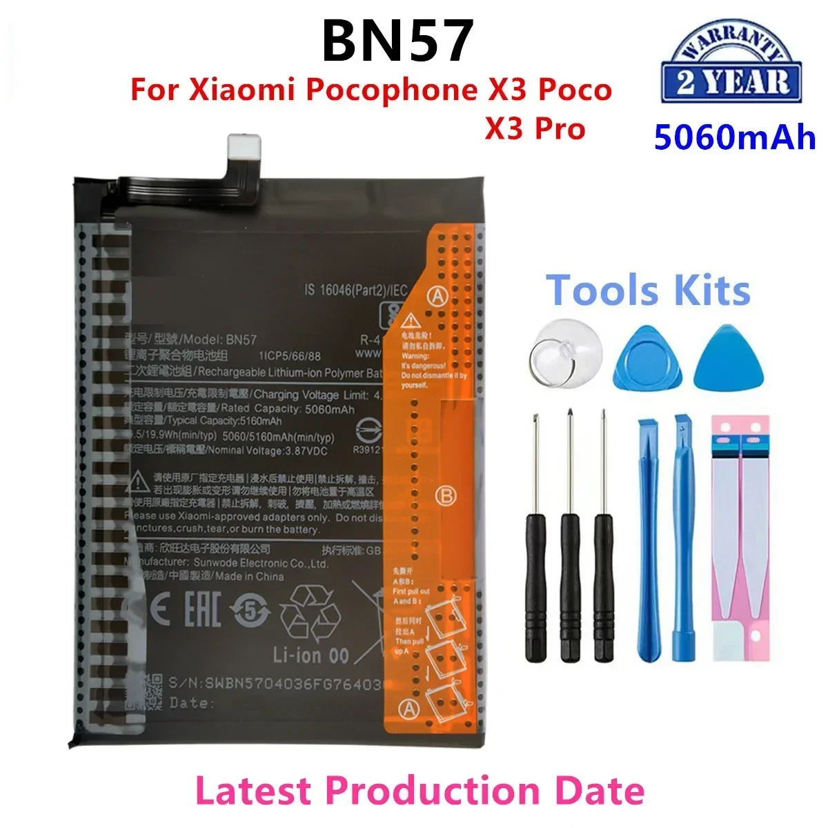 Brand New  BN57 5060mAh Battery  For Xiaomi Pocophone X3 Poco /X3 Pro  Phone Replacement Batteries+Tools