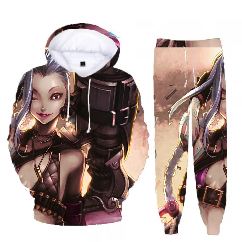 Hot Anime Arcane League Jinx Hoodies Set 3D Printing Man Woman Tracksuit Hoodie+Pants 2PCS Set Kids Pullover Cosplay Suits