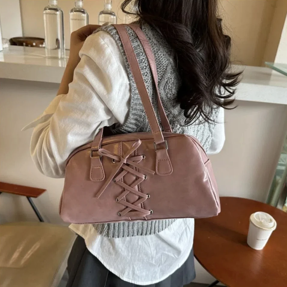 

Trendy French Style Bow Ribbons Bowling Bag Elegant PU Leather Boston Shoulder Bag Casual Large Capacity Women Handbags Girls