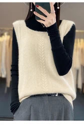 2024 autumn and winter solid color ladies round neck wide shoulder knitted vest 100% pure wool coat.