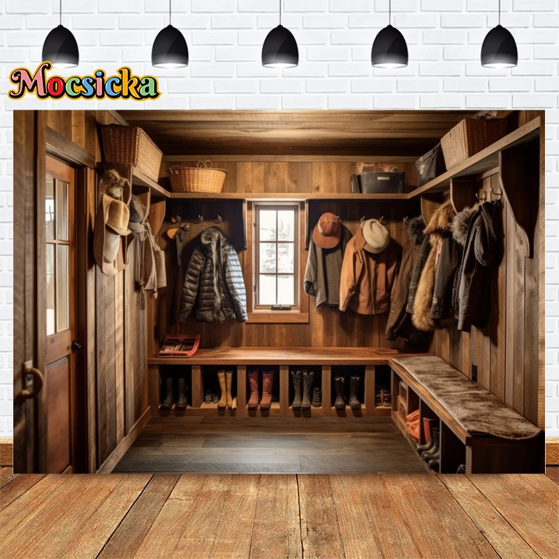 Mocsicka Photography Backdrops Log Cabin Cloakroom Shoe Background Birthday Party Adult Kids Portrait Photo Studio Banner