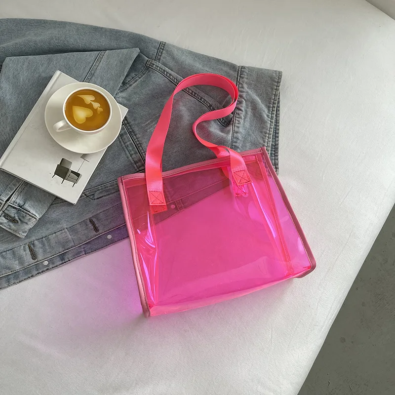 Pvc Transparent Handbag Candy Color Clear Handbag Large Capacity Waterproof Shoulder Tote Lady Shopper Bags Summer Beach Clutch