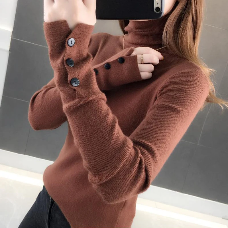 Rimocy Basic Turtleneck Women's Sweater Buttons Long Sleeve Knitted Pullover Woman Autumn Winter All Match Slim Jumper Female