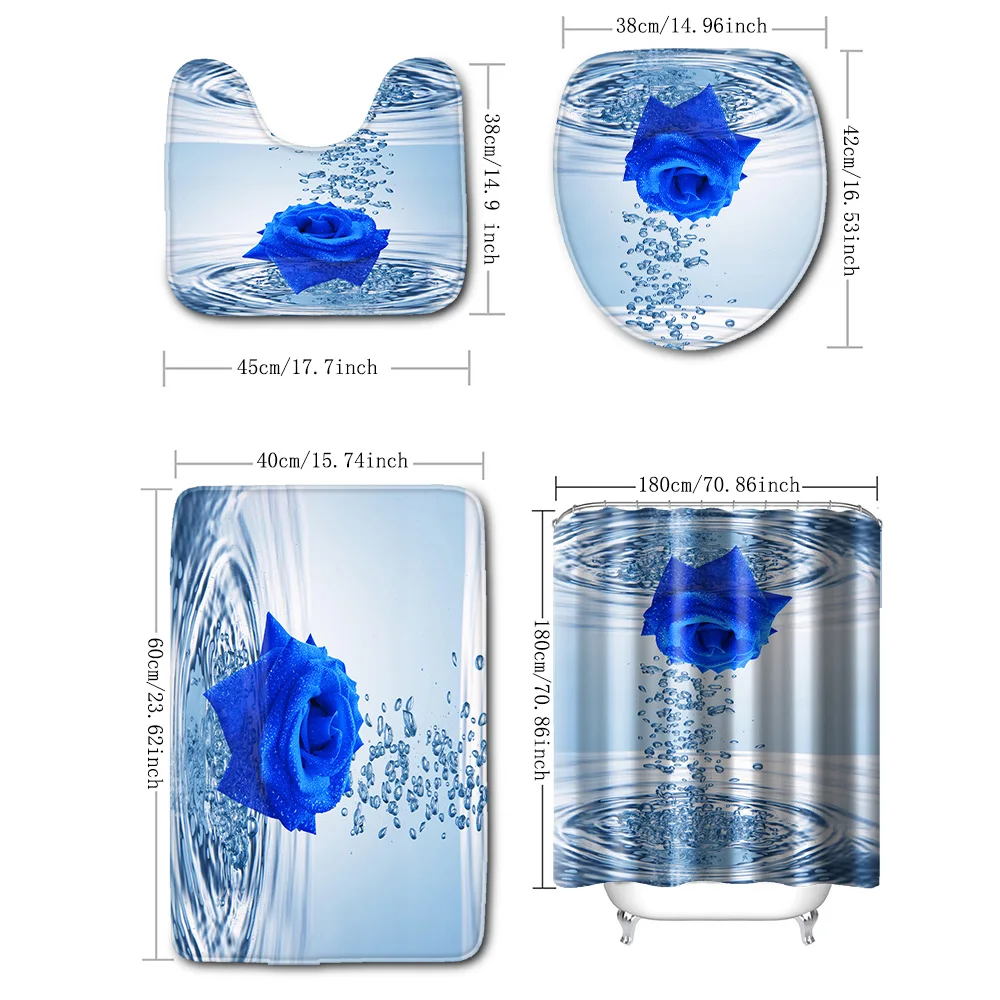 4-piece set of water blue rose printed 12 hook waterproof shower curtain, bathroom floor mat, U-shaped mat, toilet O cover mat