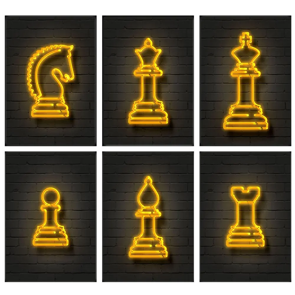 النيون الذهبي قطعة الشطرنج مجردة الملصقات طباعة الأسقف فارس الملكة حائط لوح رسم الفن صور لغرفة المعيشة ديكور #3