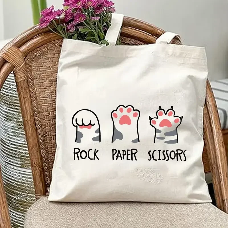 

Cat's Paw Rock Paper Scissors Pattern Canvas Tote Bag Durable Friendly HandBag for WomenShopping & Work Commute Daily Use