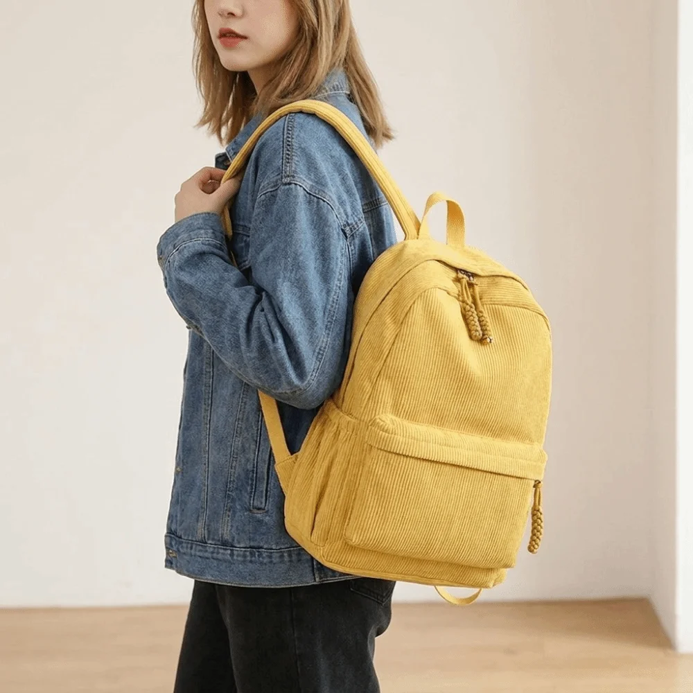 Lightweight Corduroy Backpack Solid Color Large Capacity Students School Bag Adjustable Shoulder Straps Portable