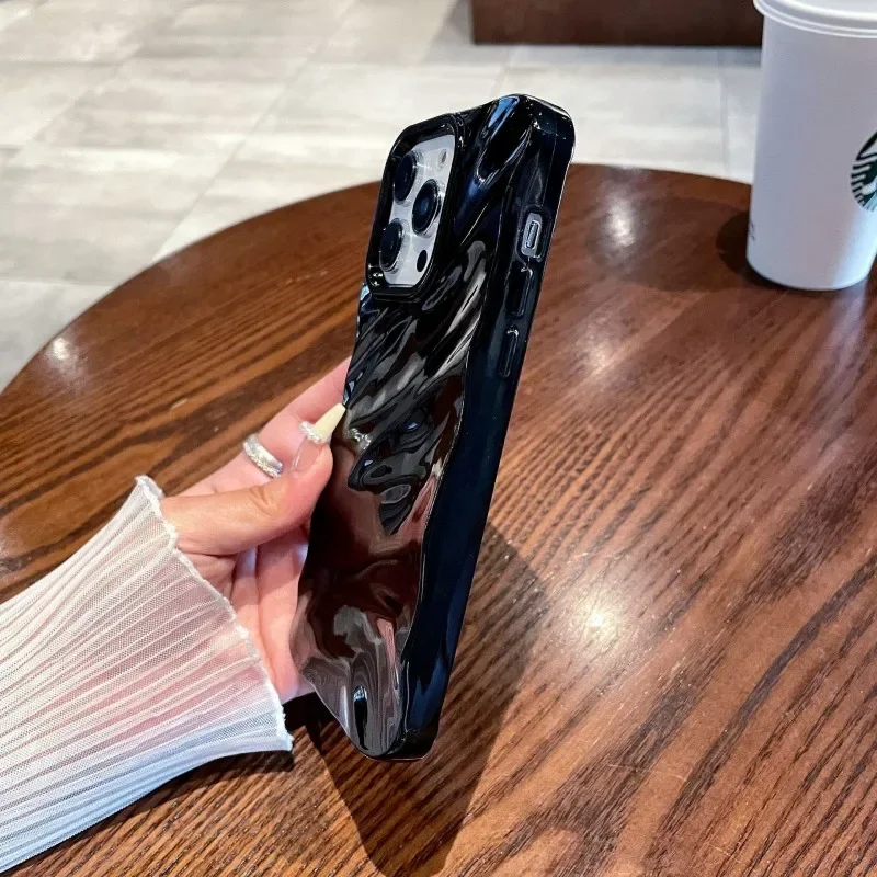 Luxury Wave Satin Ruffle Pattern Phone Case For iPhone 11 12 13 14 15 16 Pro Max X XR XS 7 8 Plus Shockproof Solid Color Cover