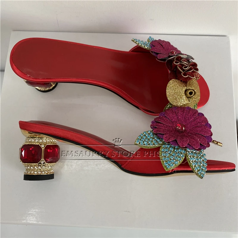 Bling Sequins Diamond Flower Sandals Women Luxury Satin Slingbacks Crystal Rhinestone High Heel Summer Shoes