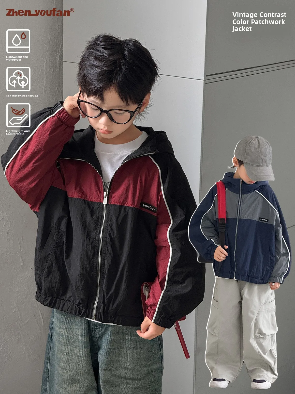 

Zhen You Fan Boy's Fce Lined Hooded Jaet Autumn Winter Children's Clothing Retro Sle Nylon Fabric Breathable Zipper Cl...