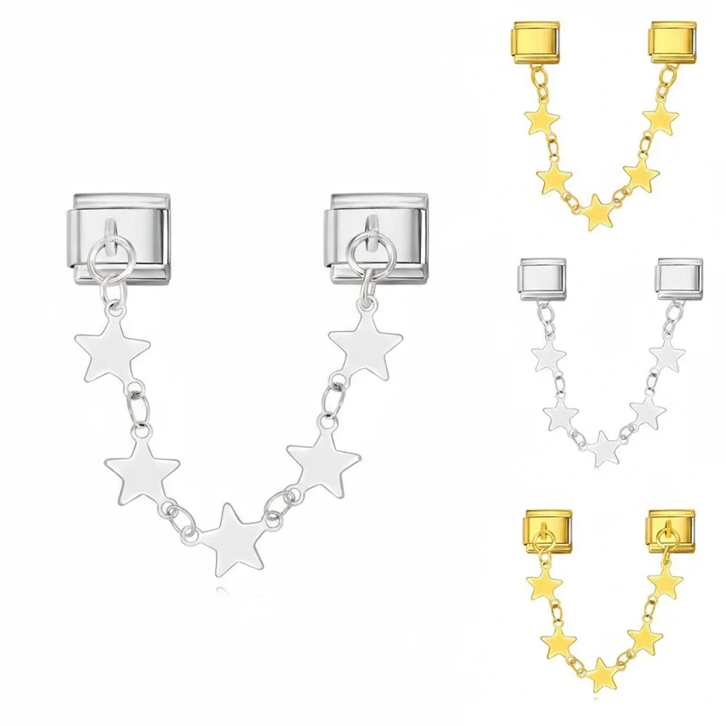 GoldColor Stainless Steel Charm Bracelet with Star Chain Accent and Interchangeable Components for Trendy Customizable Jewelry