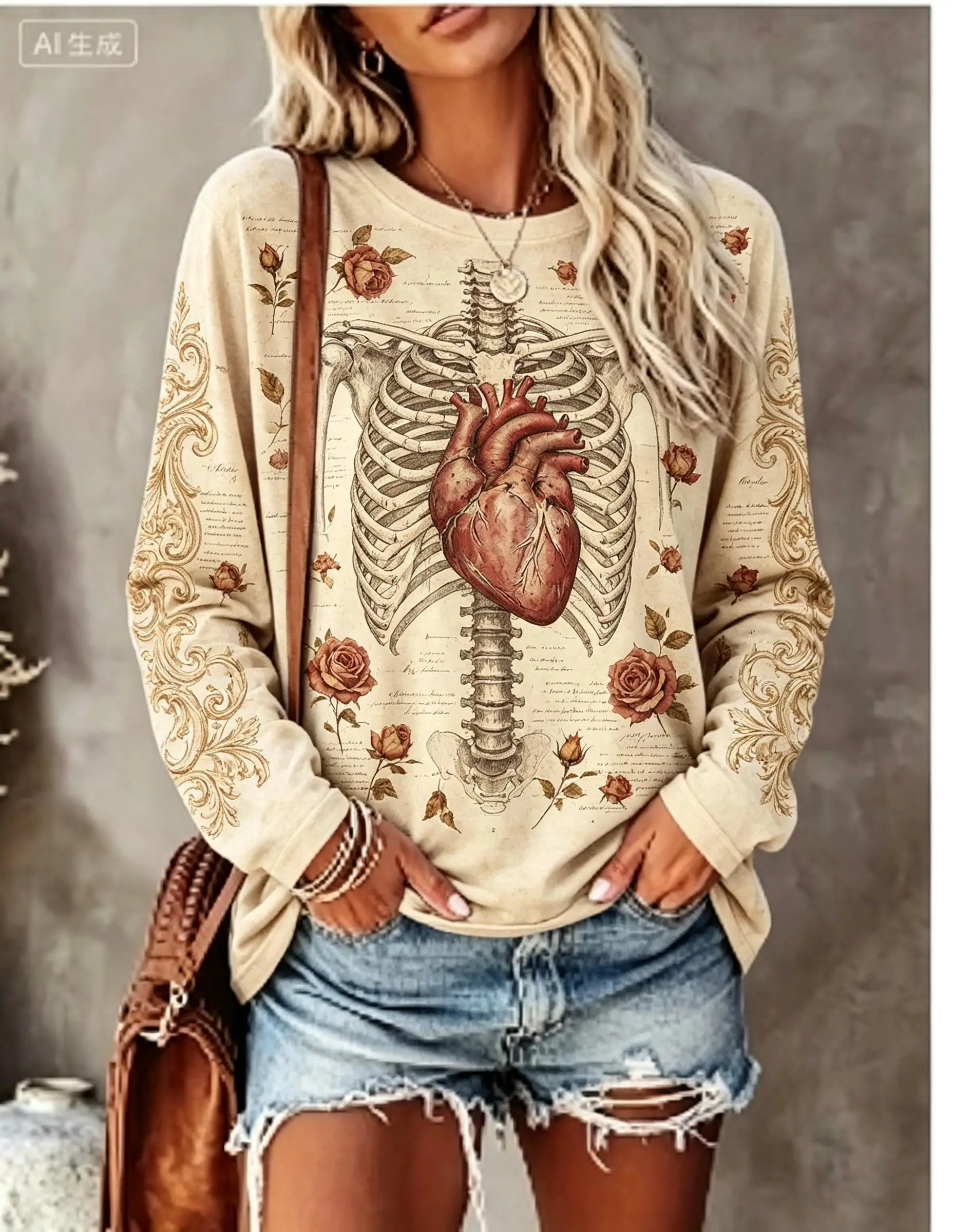 Women Halloween Long Sleeve T‑Shirt Skeleton Ribcage Purple Heart Rose Gothic Print Crew Neck Tops image 3