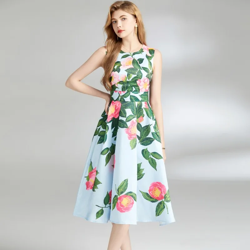 High End Printed Dress For Women's Summer New Retro Waistband Slimming And Sleeveless Chic Mid Length Skirt