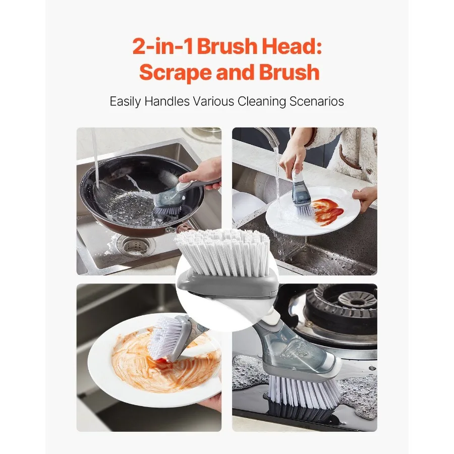 فرشاة تنظيف الأطباق لتوزيع الصابون مع 3 فرش لتنظيف الأطباق مع مقبض PP وشعيرات منحنية مثالية