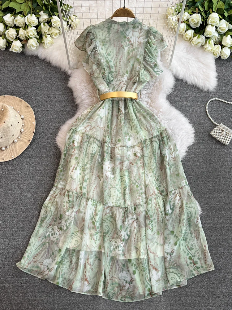 FTLZZ Summer Casual Lady Ruffled Single Breasted Floral Print Dress Vintage Women A-line Midi Dress with Belt