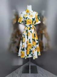 100% Cotton Dress 2024 Summer Women's casual yellow rose print dress with waist tucked and lapel shirt dress