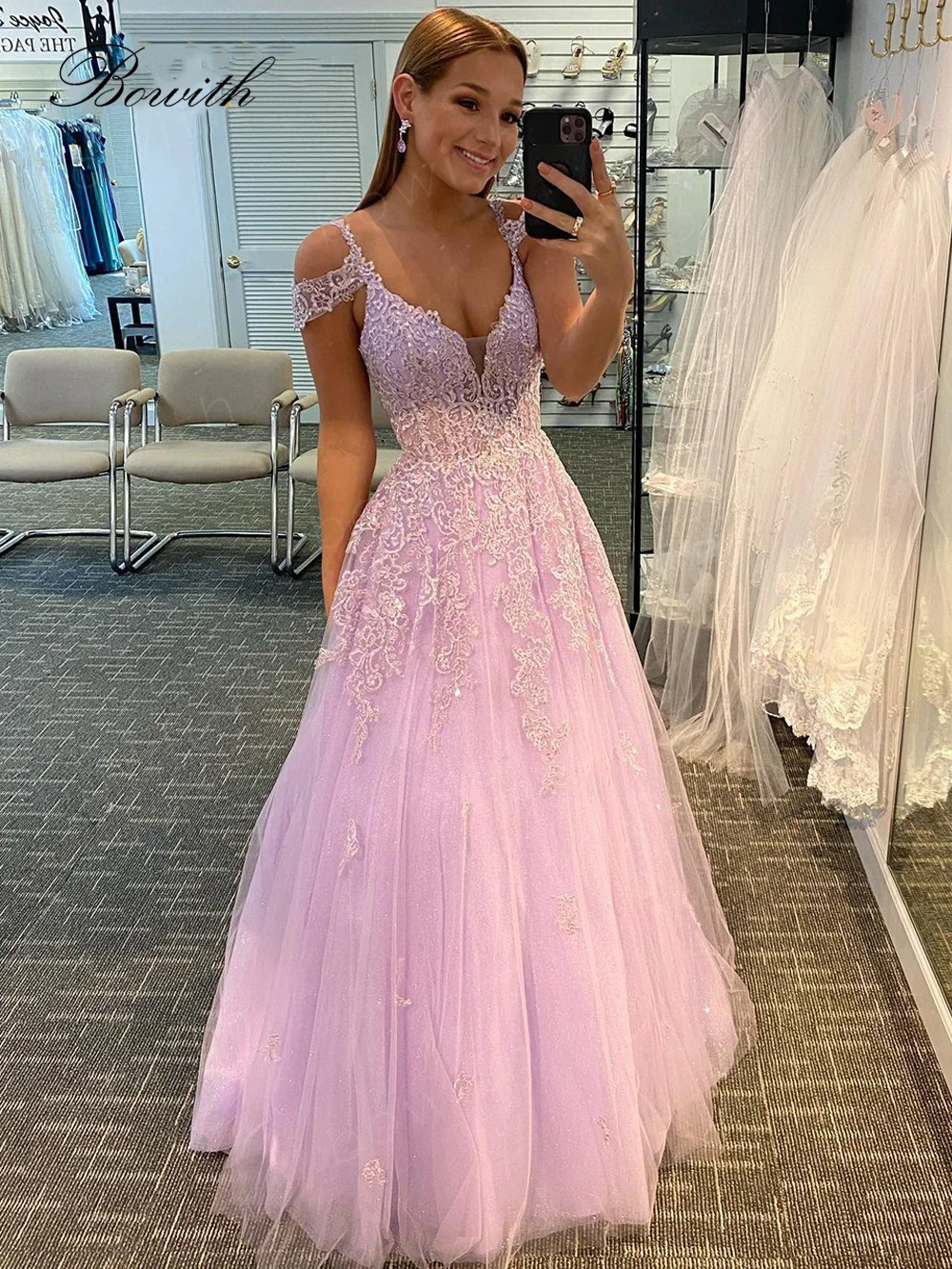 Bowith Long Prom Dresses Spaghetti Strap Evening Dress 2023 Lace Tulle Puffy Prom Gown Evening Party Dresses vestidos de fiesta