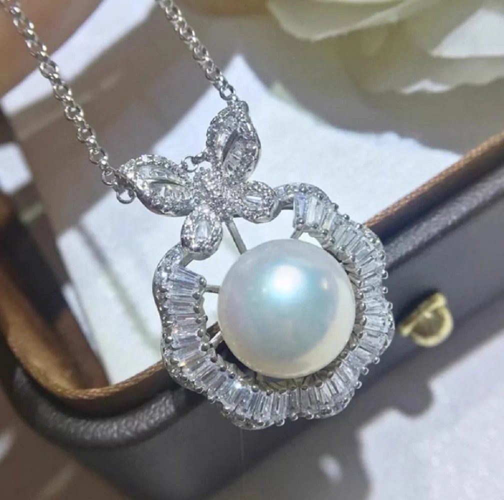 

S925 pure silver bow pearl pendant AAA10-11mm11-12mm natural South Sea pearl pendant 18inch