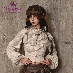 Oryginalna gotycka bluzka damska w stylu Vintage Steampunk bawełniana pościel Retro kołnierz z marszczonym półgolfem koszulka z lampionowymi rękawami na imprezę Cosplay topy Slim