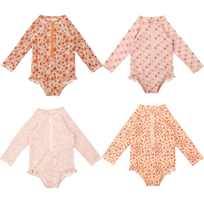 1-2 Years Baby Girls Summer One Piece Swimsuit Cute Floral Zipper Long Sleeve Baby Swimwear UV Protection Baby Girl Bathing Suit