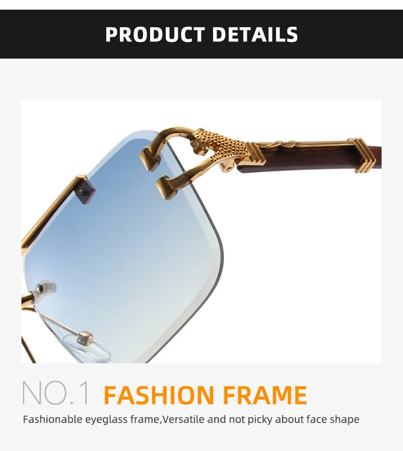 Trend Double Beam Große Sonnenbrille Männer Frauen Randlose Schnittkante Quadratische Sonnenbrille Mode Leopard Holzmaserung Shades – Detail 3